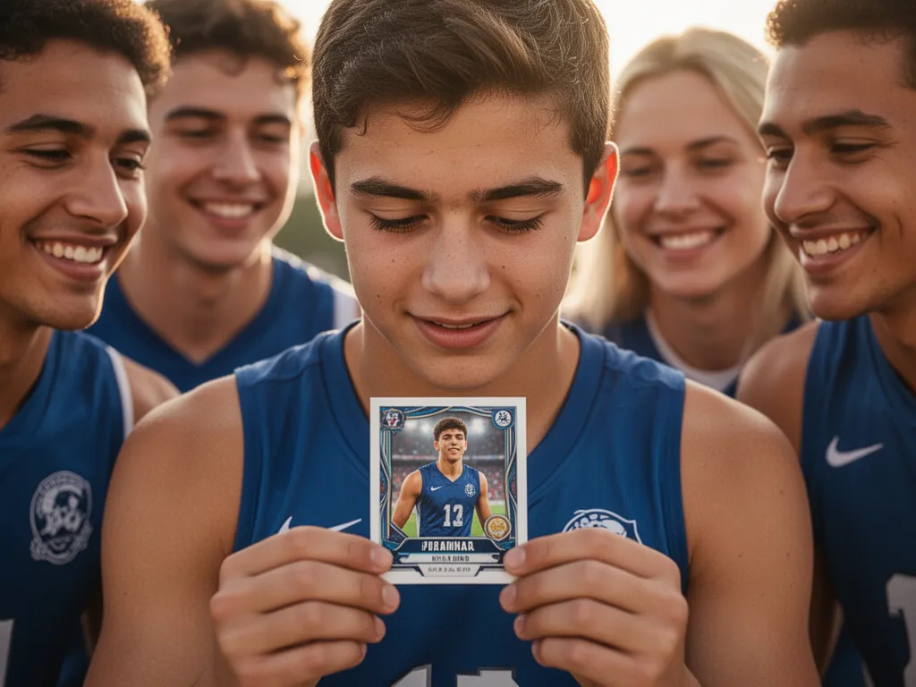 Young athlete proudly examining their personalized trading card surrounded by supportive friends and family members