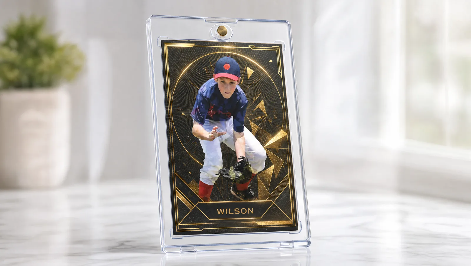 Custom personalized trading cards shown in a clear magnetic display case