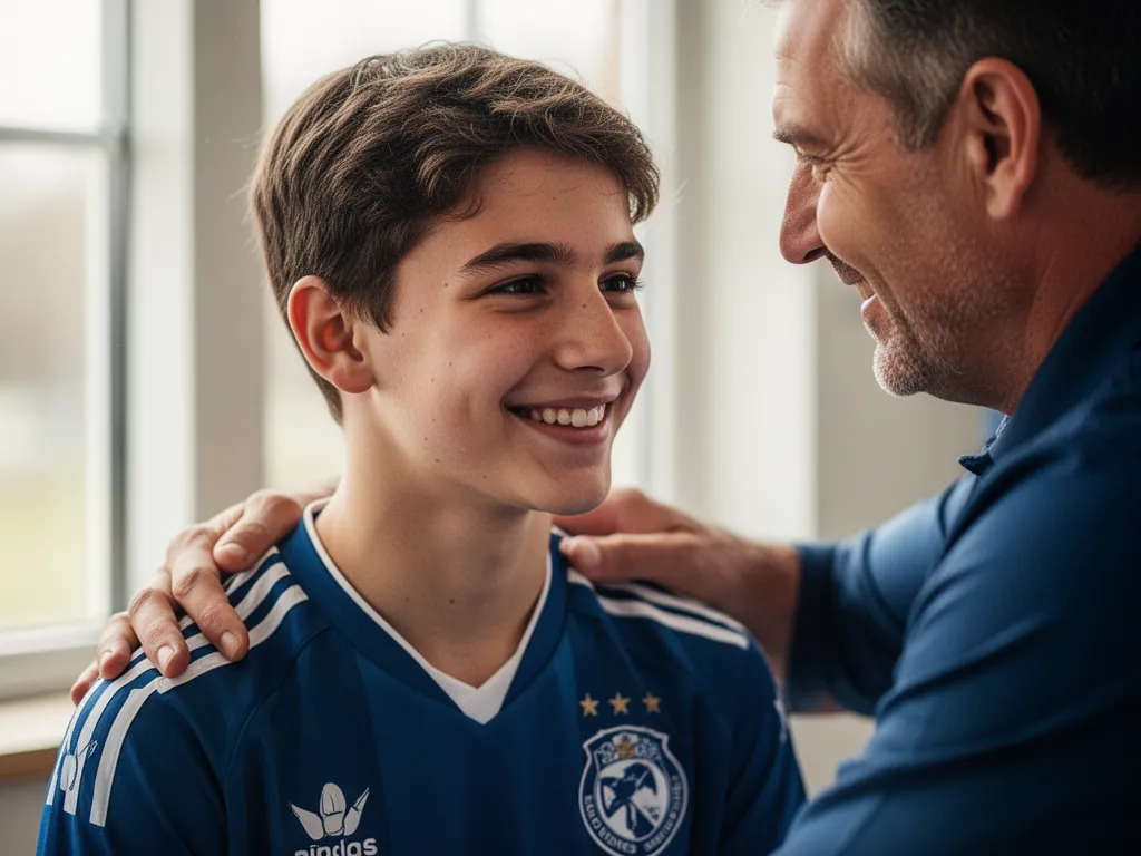 Coach placing supportive hand on athlete's shoulder in moment of pride and encouragement