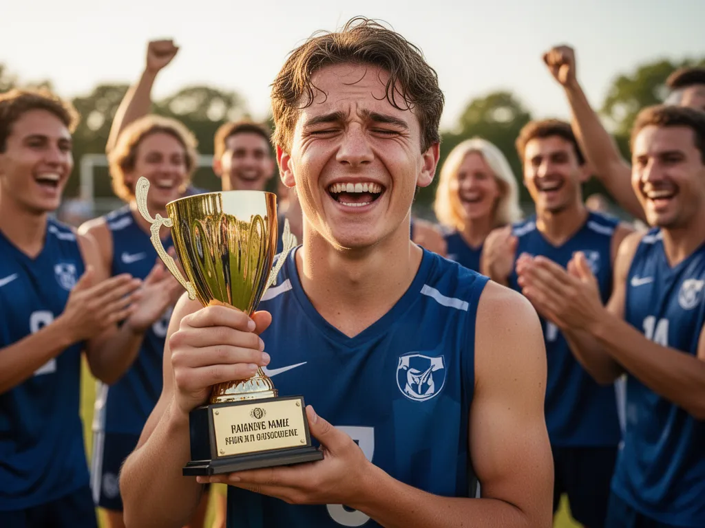 Young athlete proudly displaying personalized trophy surrounded by celebrating teammates and family members outdoors