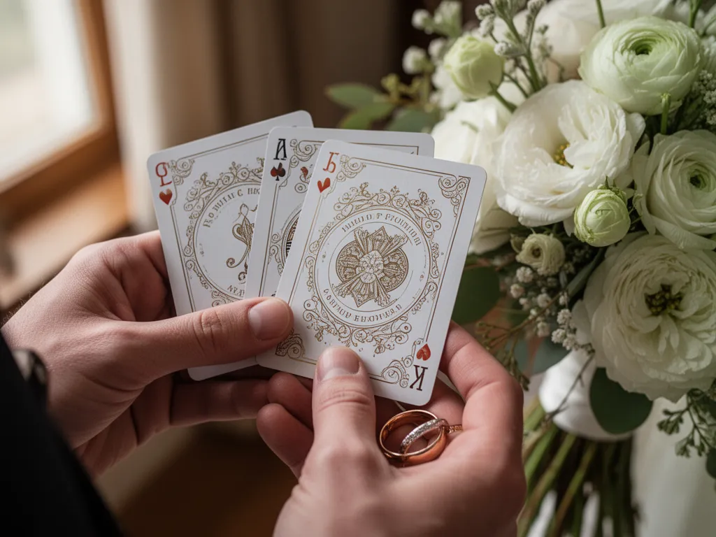Detailed close-up of couple's hands displaying personalized wedding playing cards with flowers