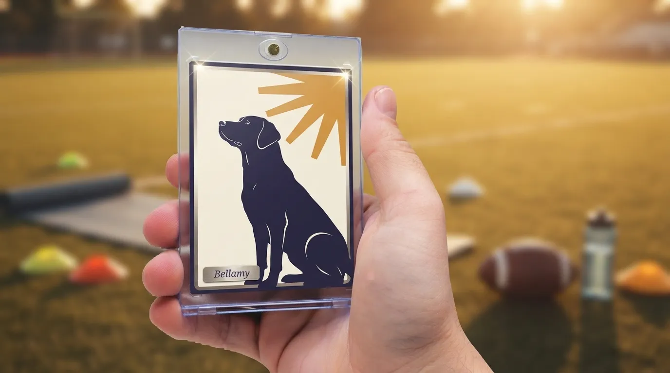 Hand holding magnetic case with duotone pet memorial cards trading card of a dog in golden light.