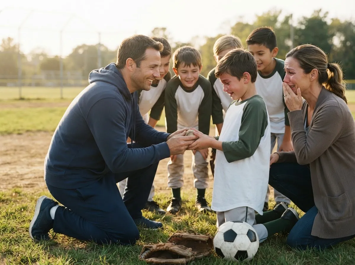 Coach and teammates share an emotional moment with young athlete and proud parent on field.
