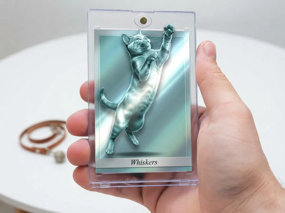 Hand holding magnetic case with chrome refractor pet memorial trading card of a leaping cat.