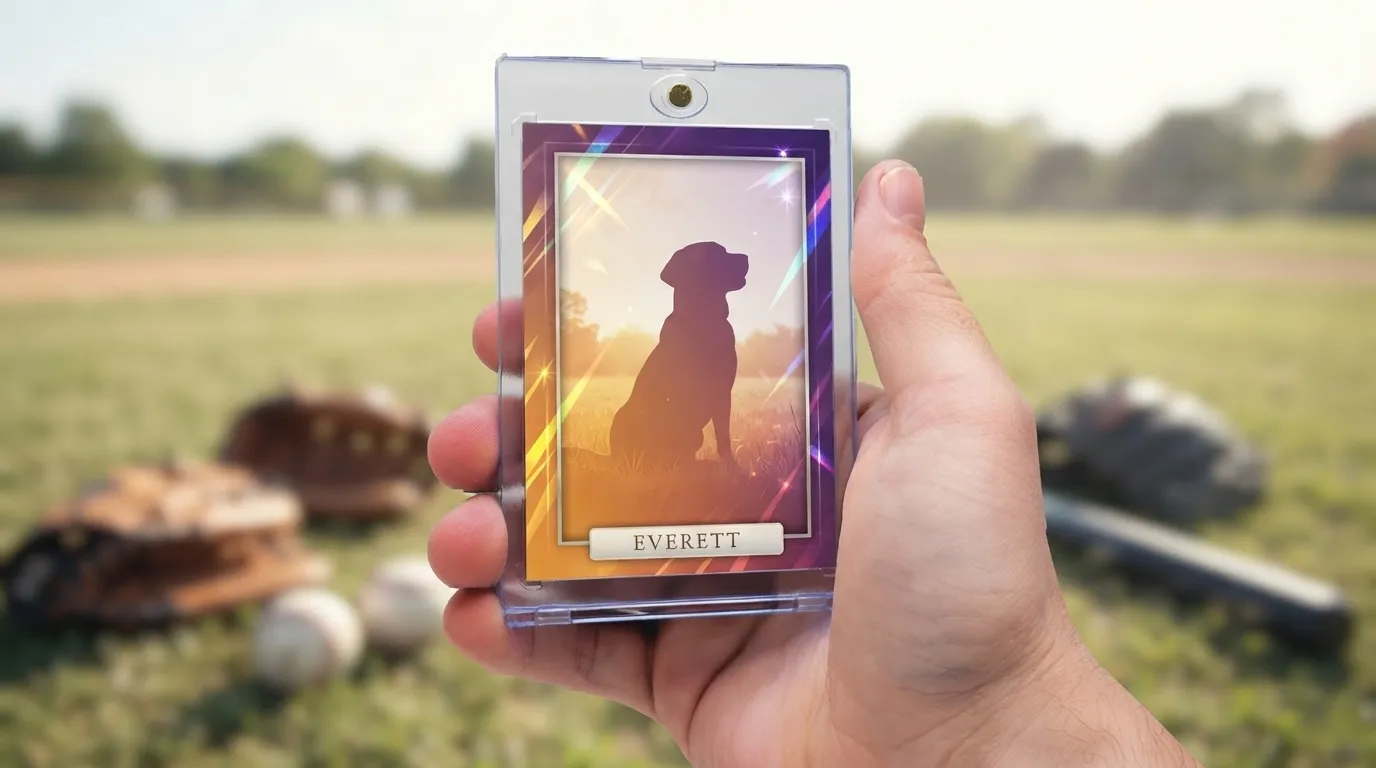Hand holds magnetic case with glowing pet memorial gifts trading card under bright outdoor daylight