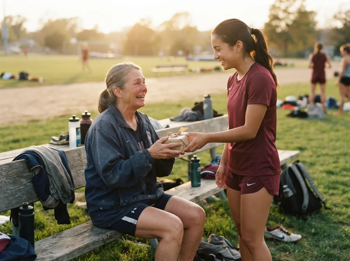 Athletes sharing an emotional surprised reaction while unwrapping a gift on a sunlit field