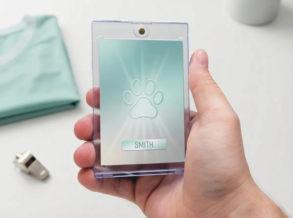 Custom pet memorial trading card in clear magnetic case displayed on white tabletop surface