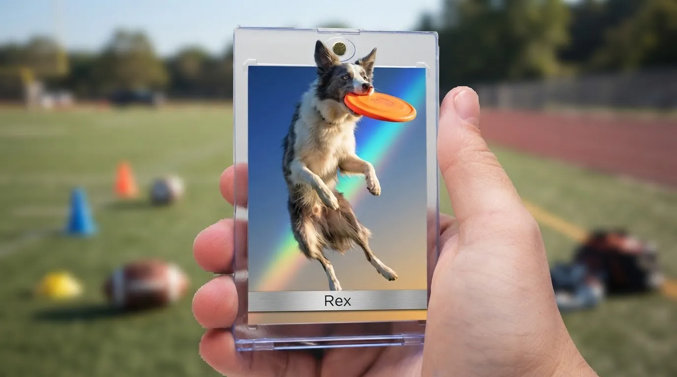 Hand holding magnetic case with pet trading card of a dog leaping for a frisbee.