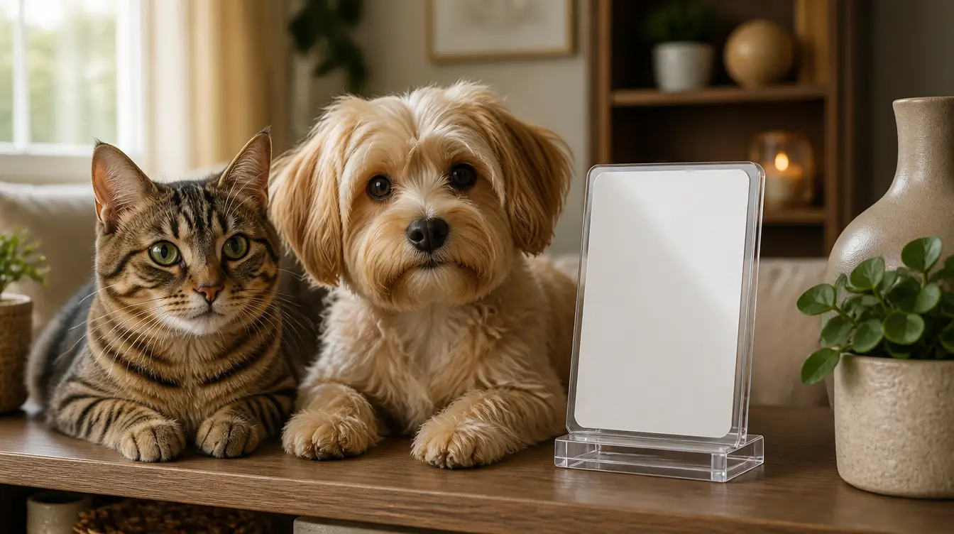 A cat and a small dog sitting beside a blank trading card in a display stand on a shelf