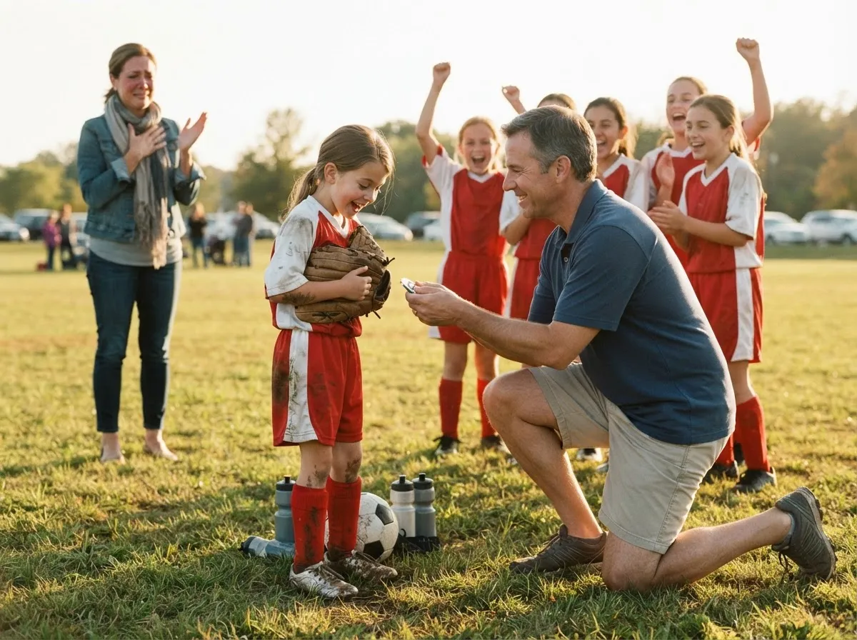 Coach and cheering teammates share emotional moment with young athlete on sunny field.