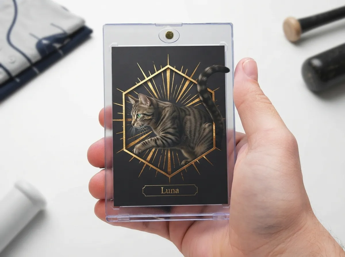 Custom pet trading card of a cat in gold foil frame inside magnetic display case.