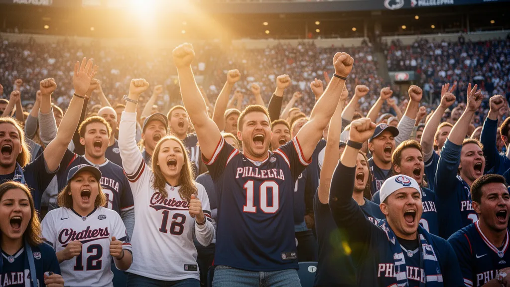 Enthusiastic Philadelphia sports fans celebrating together in stadium stands during an exciting game moment