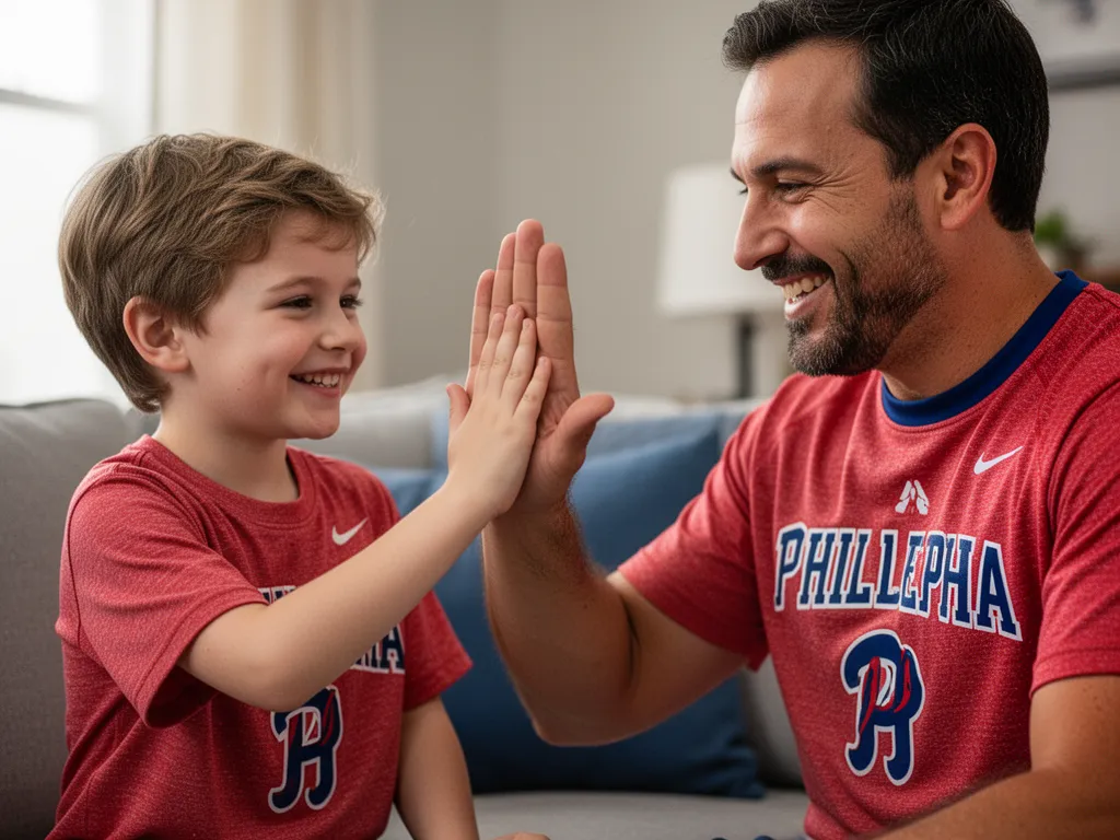Father and son sharing a celebratory high-five while wearing matching Philadelphia sports team clothing