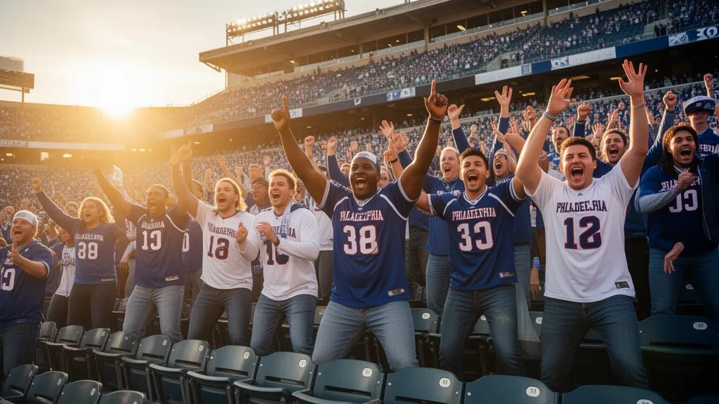 Enthusiastic Philadelphia sports fans celebrating together in bleachers during golden hour light