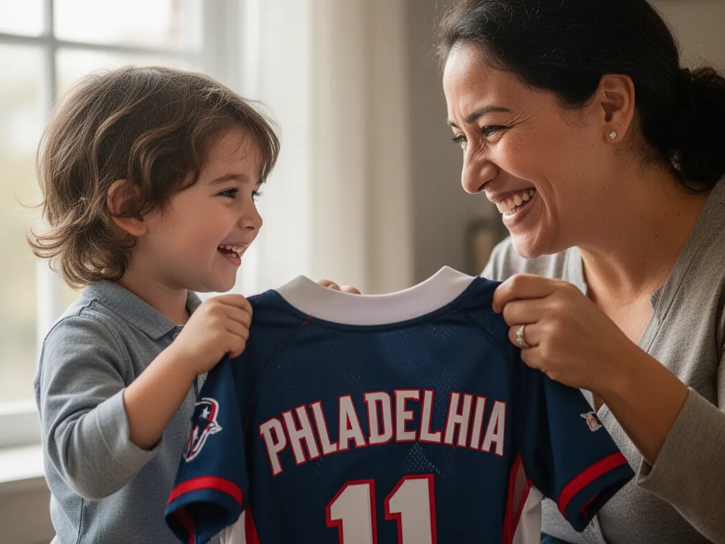 Parent and child sharing an emotional moment exchanging a sports jersey together