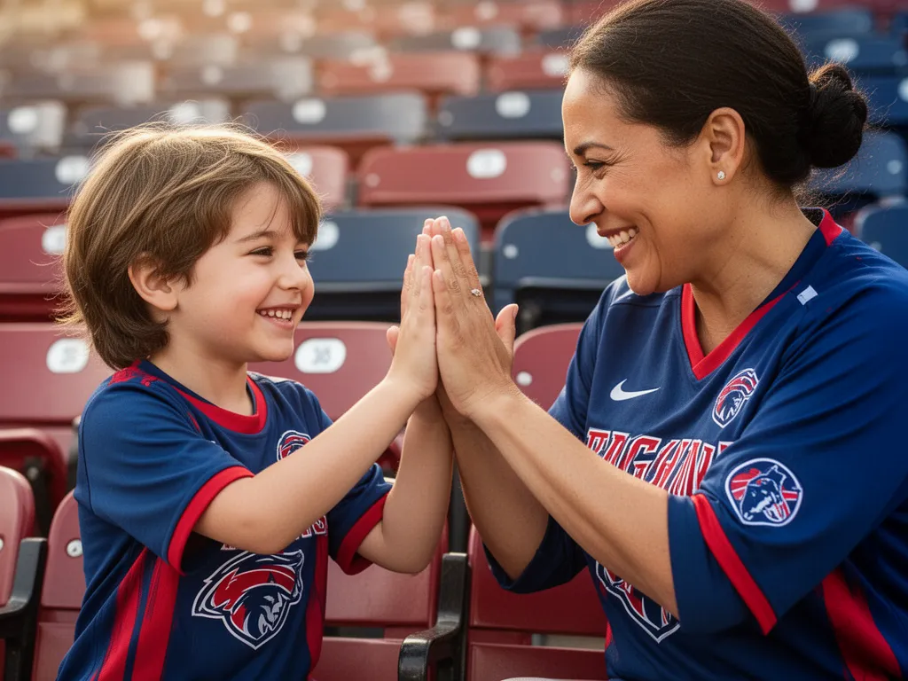Parent and child sharing a celebratory high-five moment wearing matching sports team apparel together