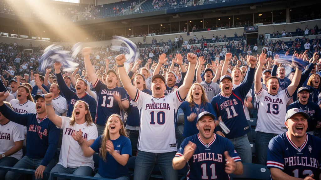 Excited Philadelphia sports fans cheering and celebrating together in stadium stands during daytime game
