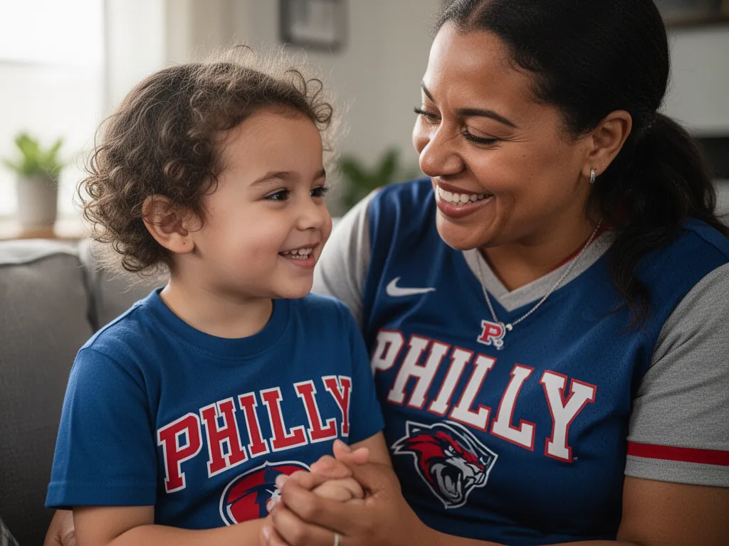 Parent and child embrace while wearing Philadelphia sports gear, sharing joy and team spirit together