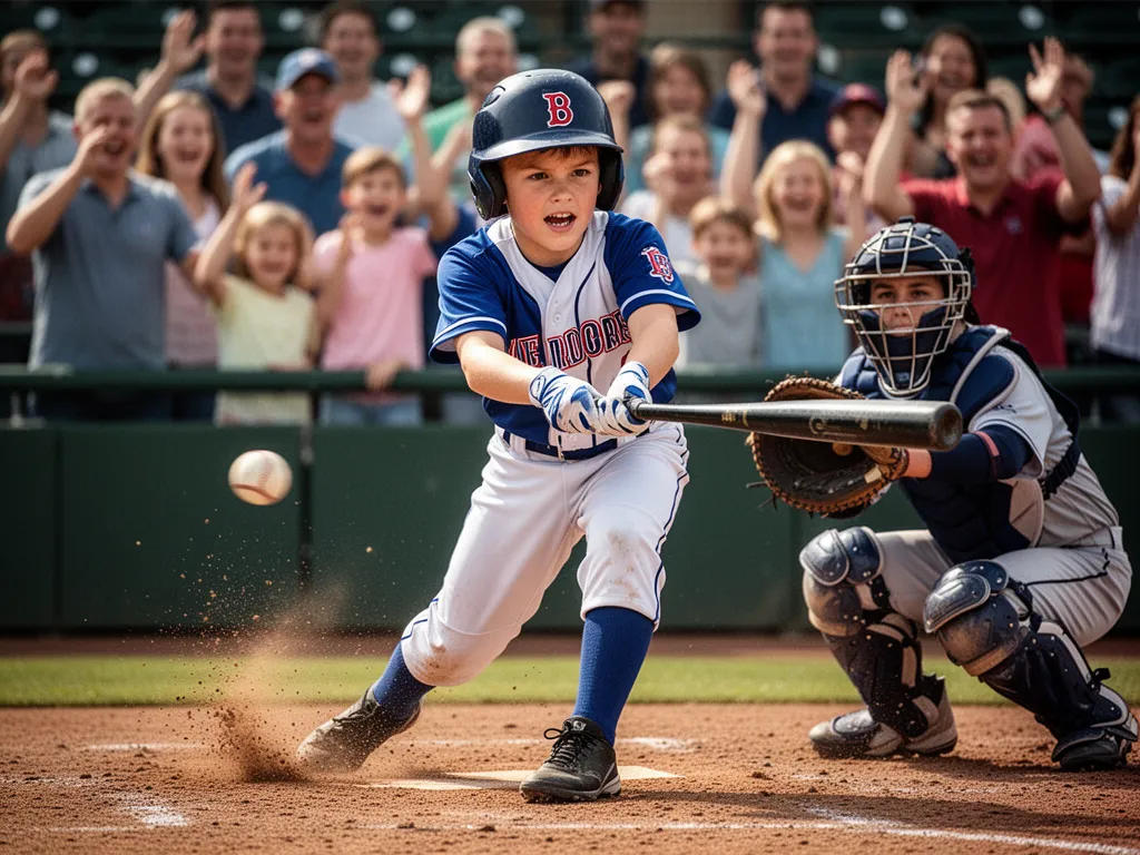 Youth baseball player hitting pitch with focused expression and catcher positioned behind home plate