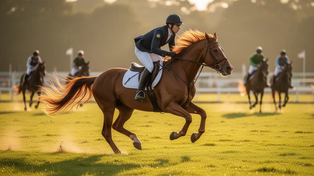 Equestrian athlete on horseback jumping over fence in golden sunlight with dynamic motion
