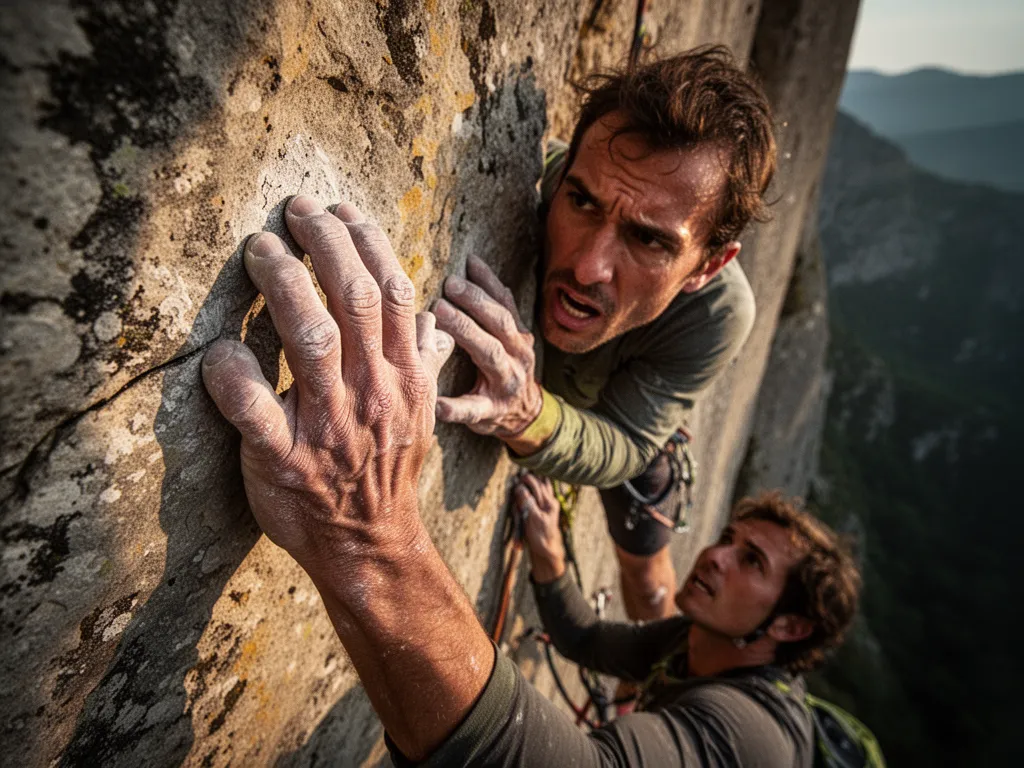 Rock climber's determined face and hands gripping stone wall with climbing partner supporting below