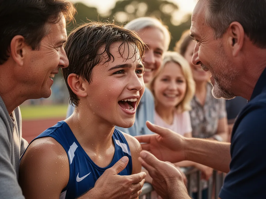 Athlete receiving encouragement from coach and family members, showing genuine emotion and support