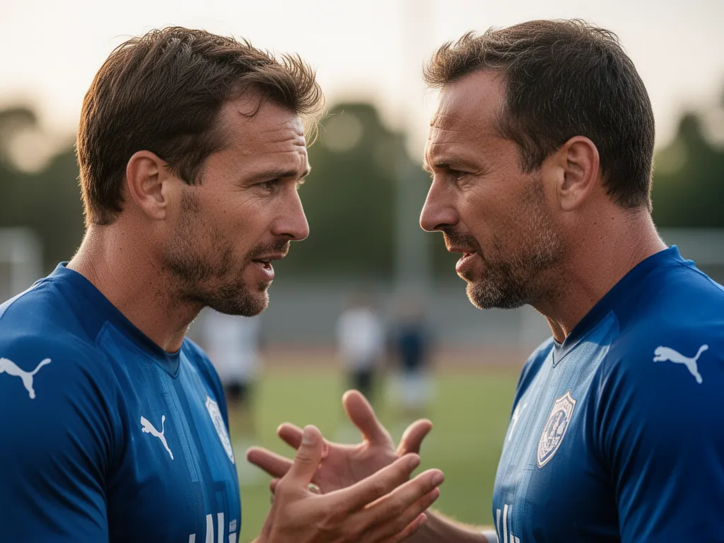 Coach and athlete share an intimate moment of instruction and encouragement outdoors.