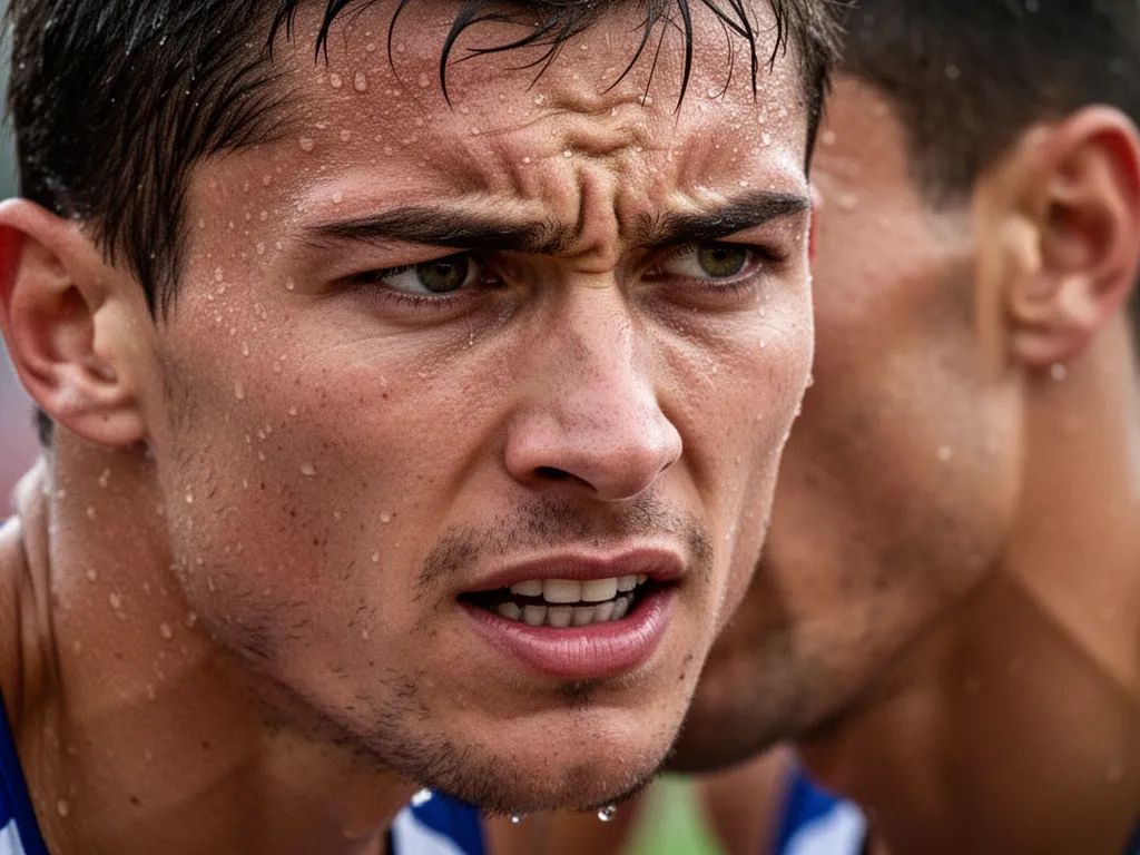 Athlete's determined face showing intense focus and emotion during competitive sporting moment