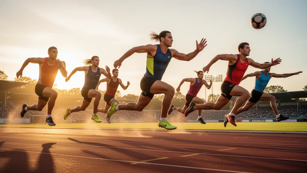 Multiple athletes competing in various sports with dynamic motion and natural outdoor lighting