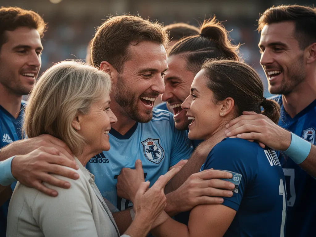 Athlete surrounded by smiling family members and teammates celebrating together outdoors