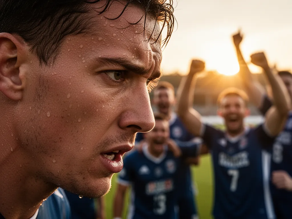 Close-up of focused athlete's face showing concentration with celebrating teammates blurred in background