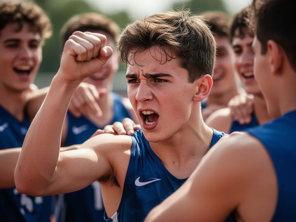 Young athlete celebrating with emotional expression surrounded by supportive teammates in background