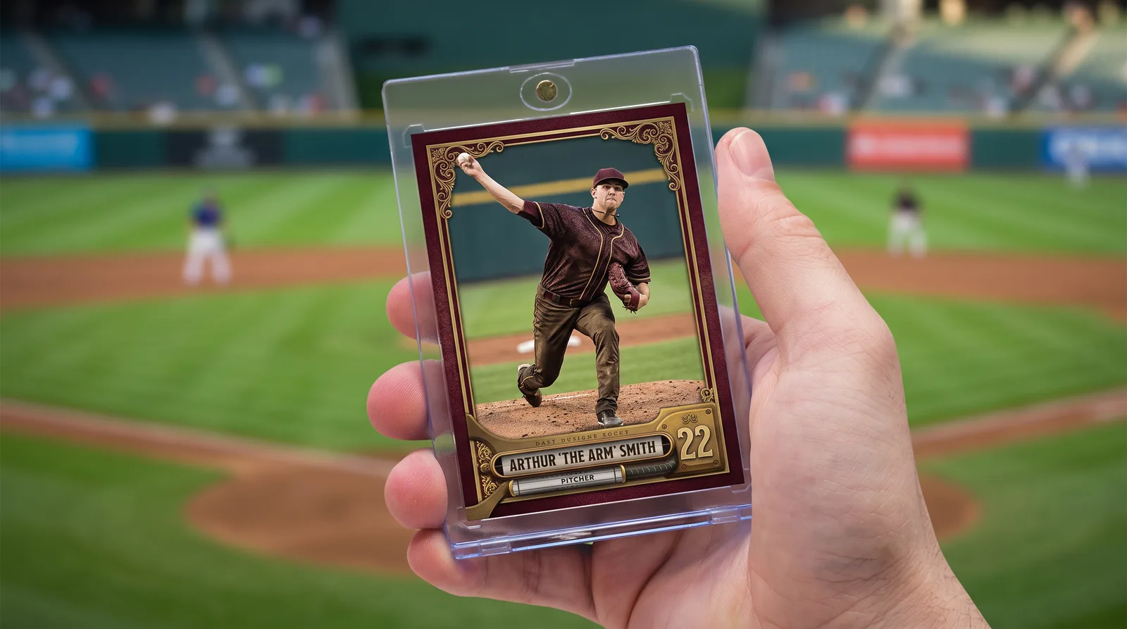 Custom baseball trading card held in its magnetic case in front of a blurred playing field
