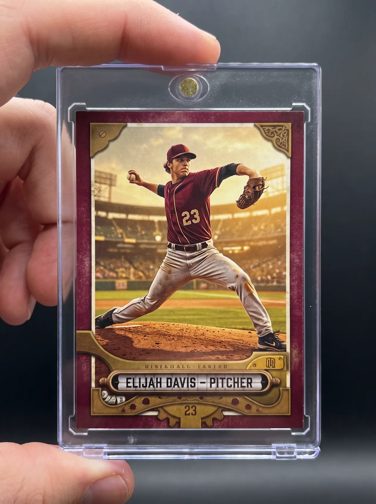 Custom baseball trading card held between finger and thumb in its magnetic case