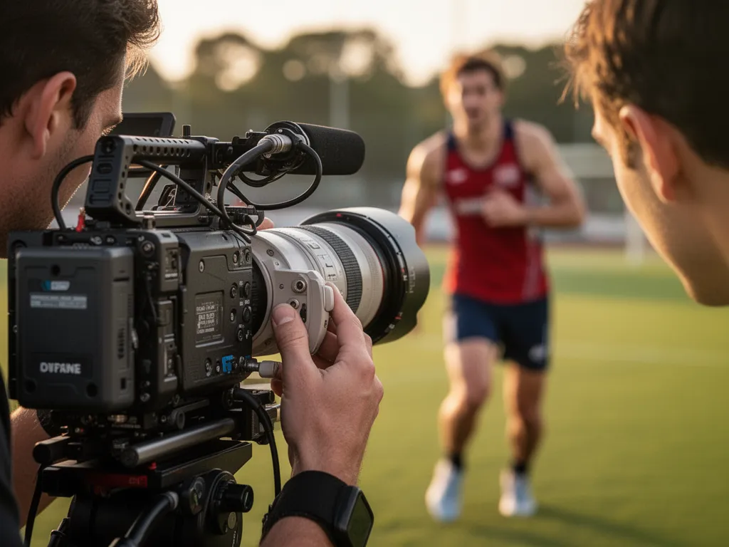 Professional camera lens capturing intimate detail of athlete performance during sports photography shoot