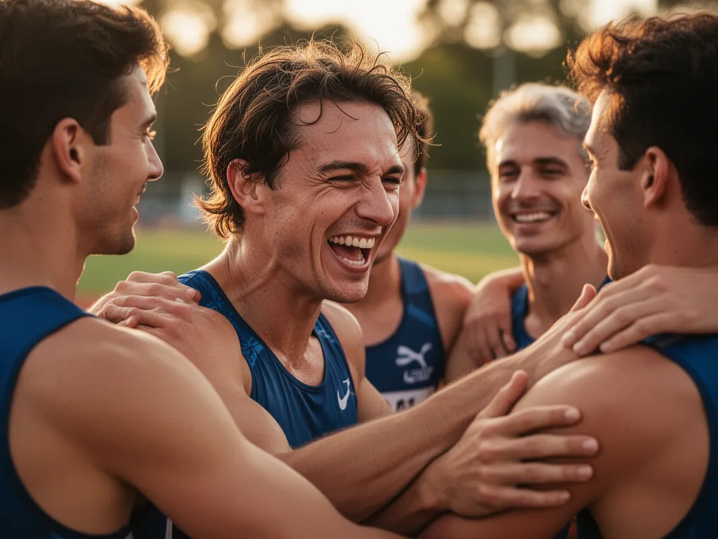 Athletes celebrating together with genuine emotion and joy after competition