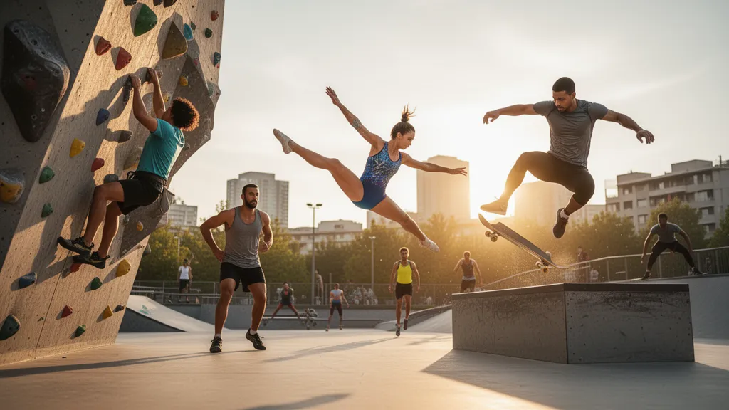 Multiple athletes performing different sports in dynamic outdoor action simultaneously