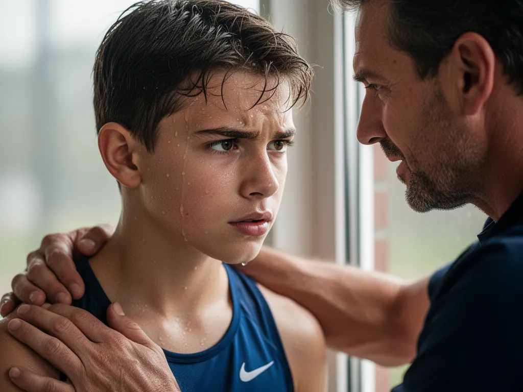 Young athlete's determined expression with coach's supportive hand on shoulder