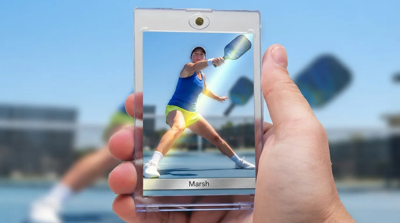 Hand holding magnetic case with pickleball gifts trading card, chrome player mid-volley on court.