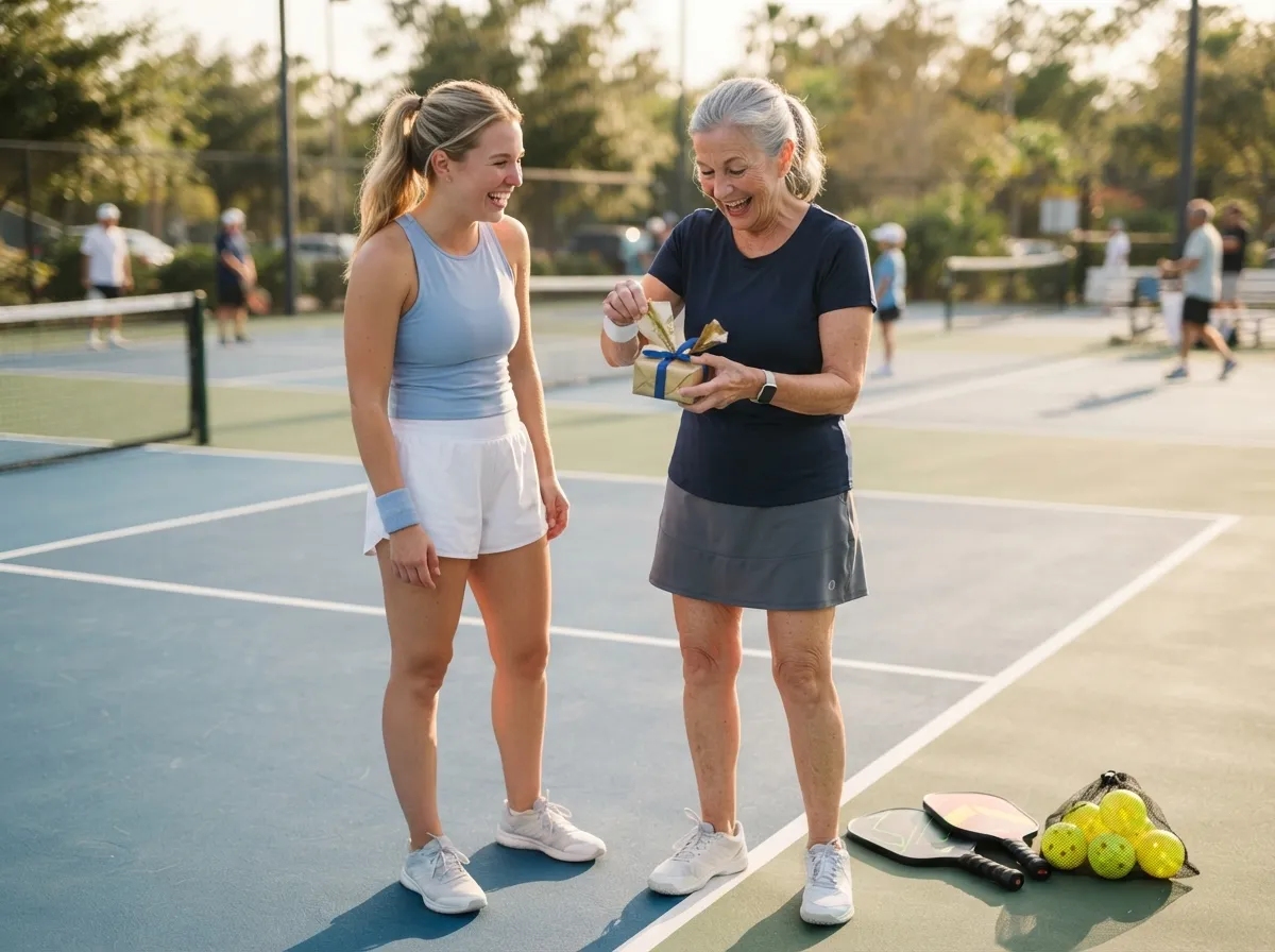Older pickleball player smiling in surprise while unwrapping a gift on sunny court.