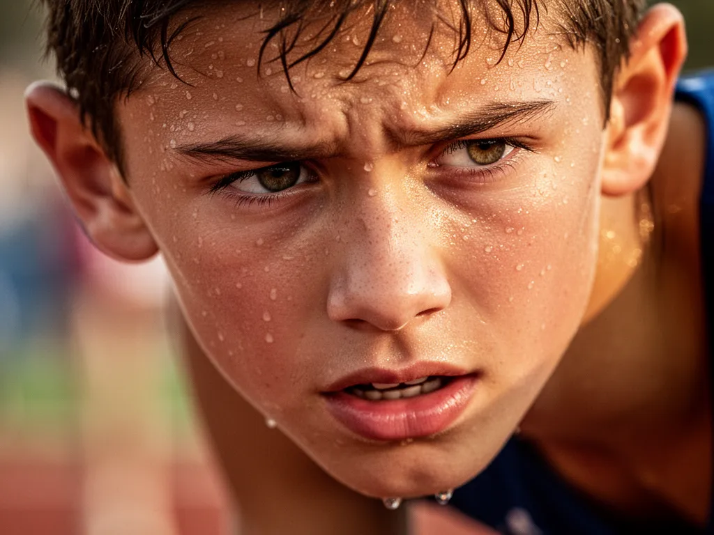 Close-up of determined young athlete's face showing intense focus and effort during sporting competition.