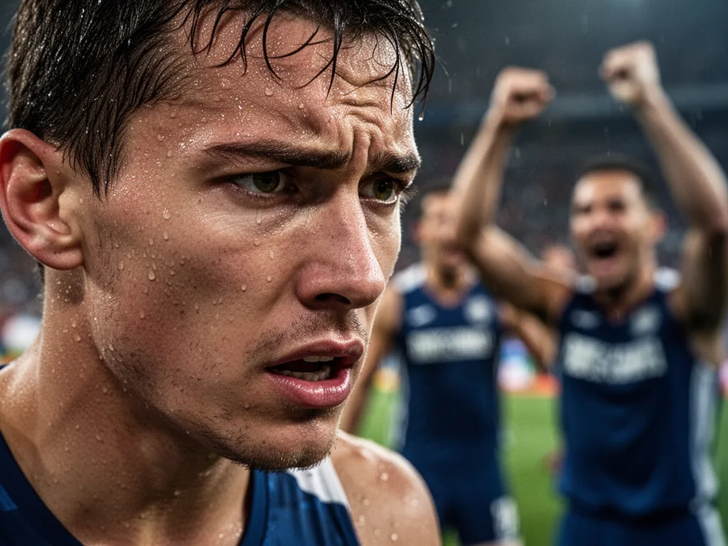 [determined athlete's close-up face showing intensity with celebrating teammates softly blurred behind]