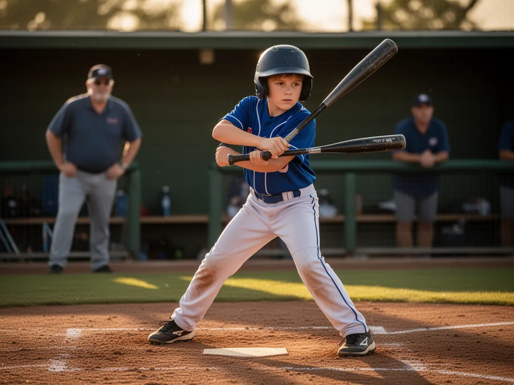 Young batter focused at plate with supportive adult visible in blurred dugout background