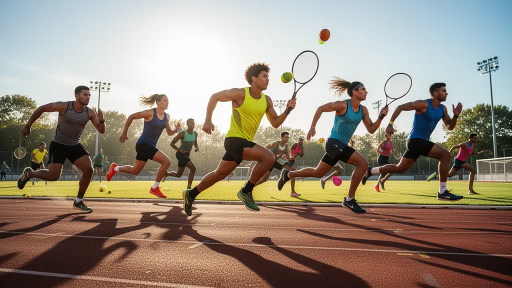 Multiple athletes in motion competing across different sports in outdoor natural lighting