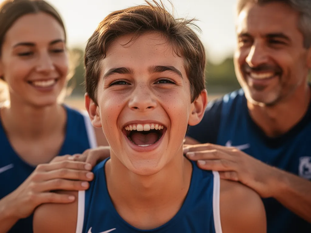 Young athlete celebrating with genuine emotion and visible family support in background