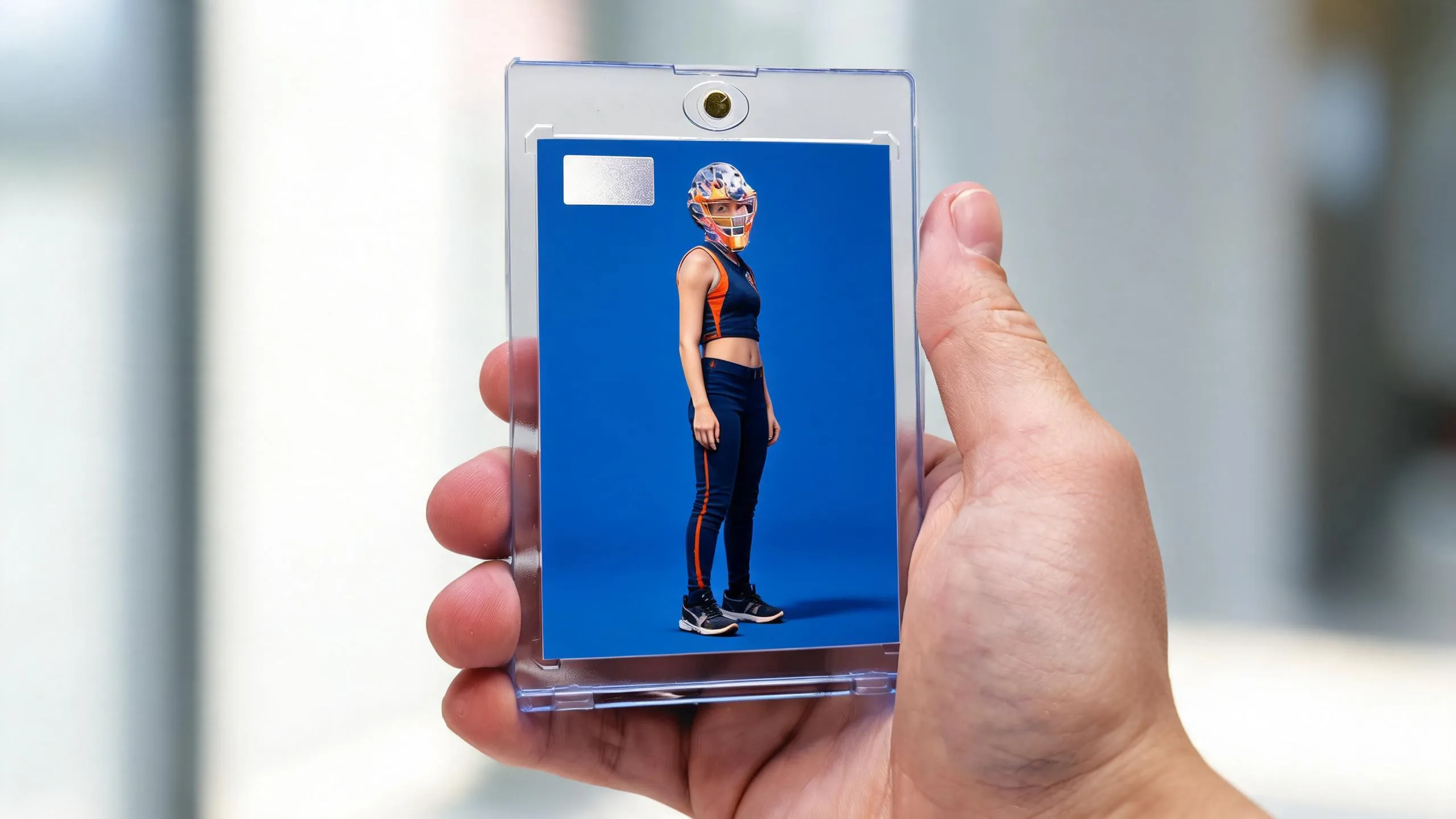 Hand holding a magnetic case with a custom blue trading card, pictures of cards concept.