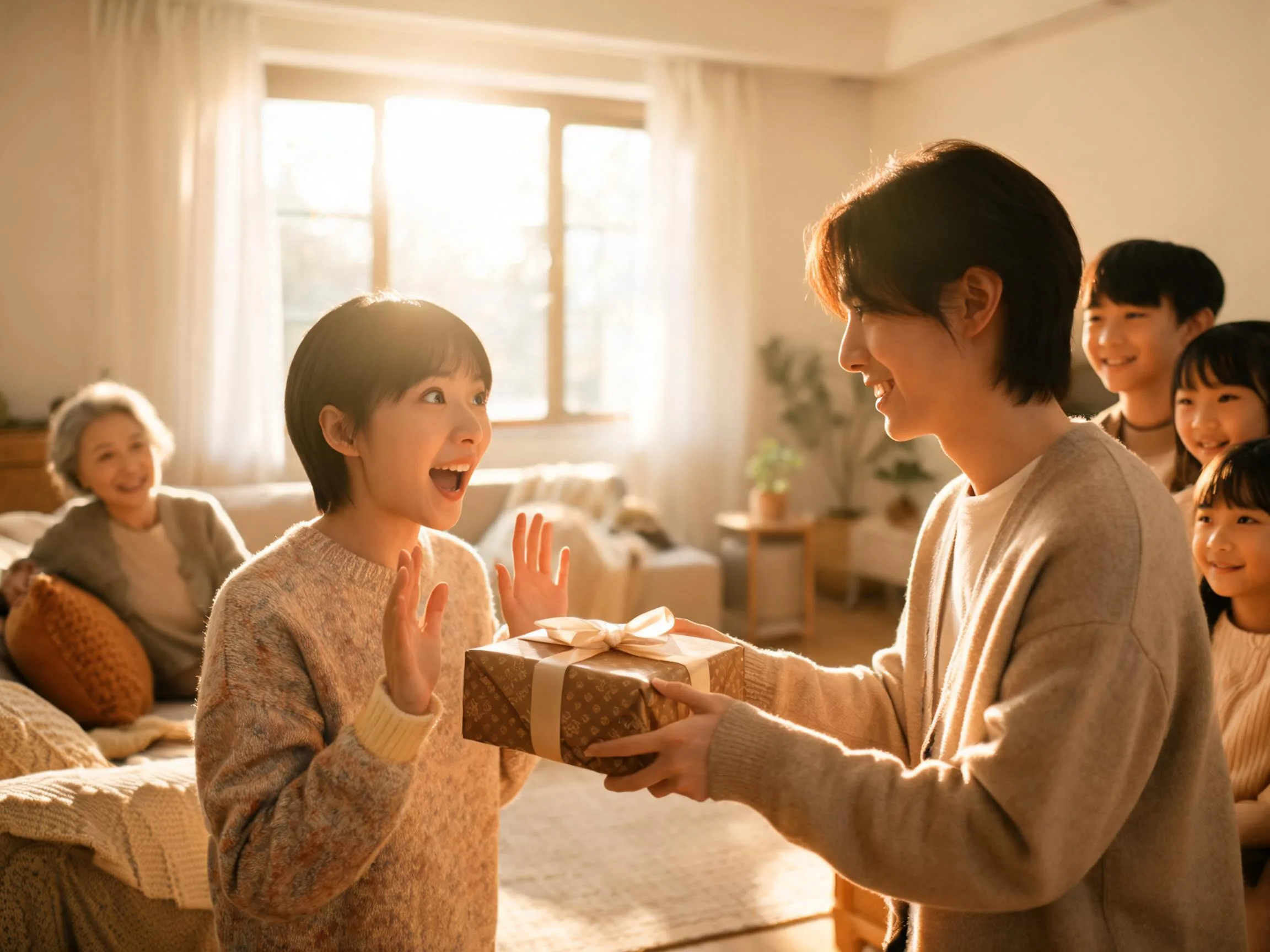 Person reacting with joyful surprise while being handed an unexpected gift indoors.