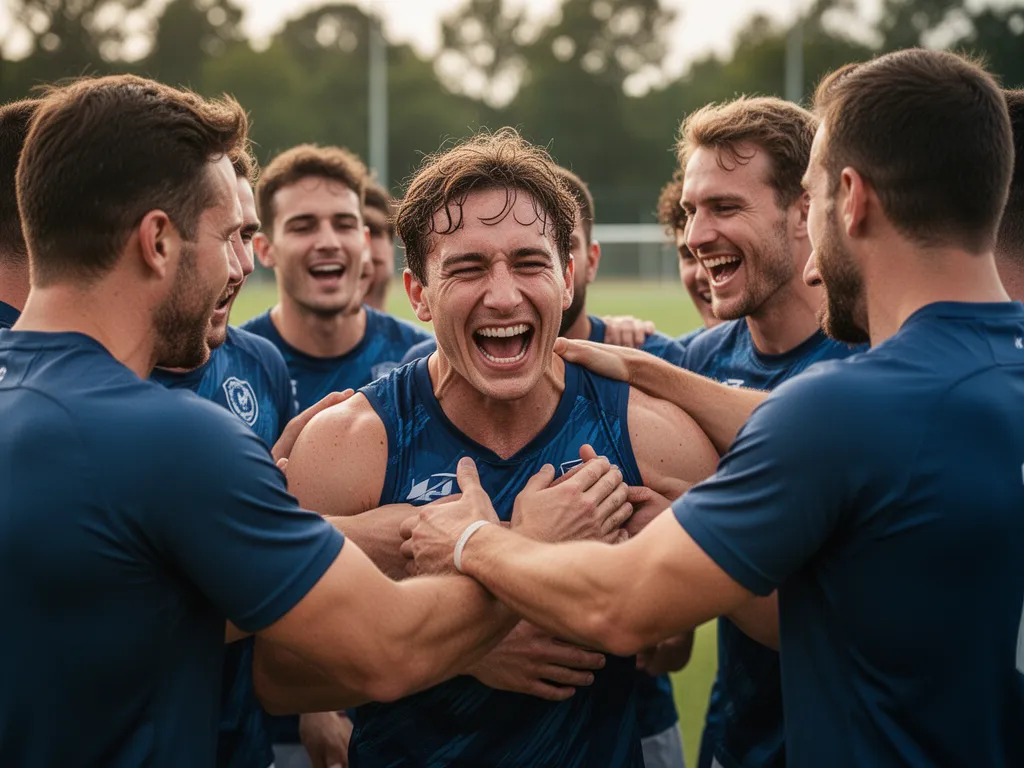 [Athletes and coaches celebrating together outdoors, showing joy and team camaraderie after sports competition]