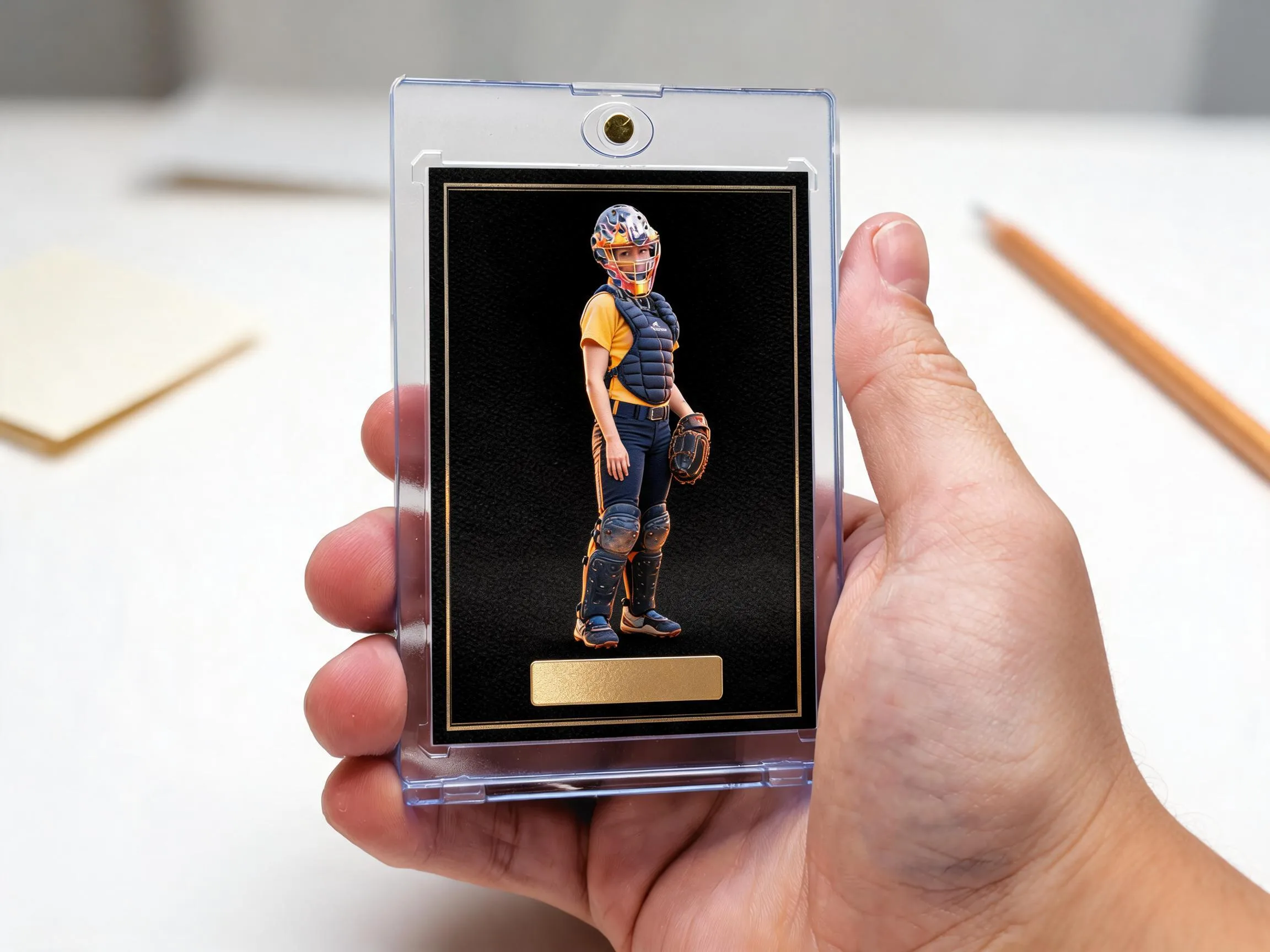 Custom keepsake trading card in a clear magnetic case on a white tabletop.