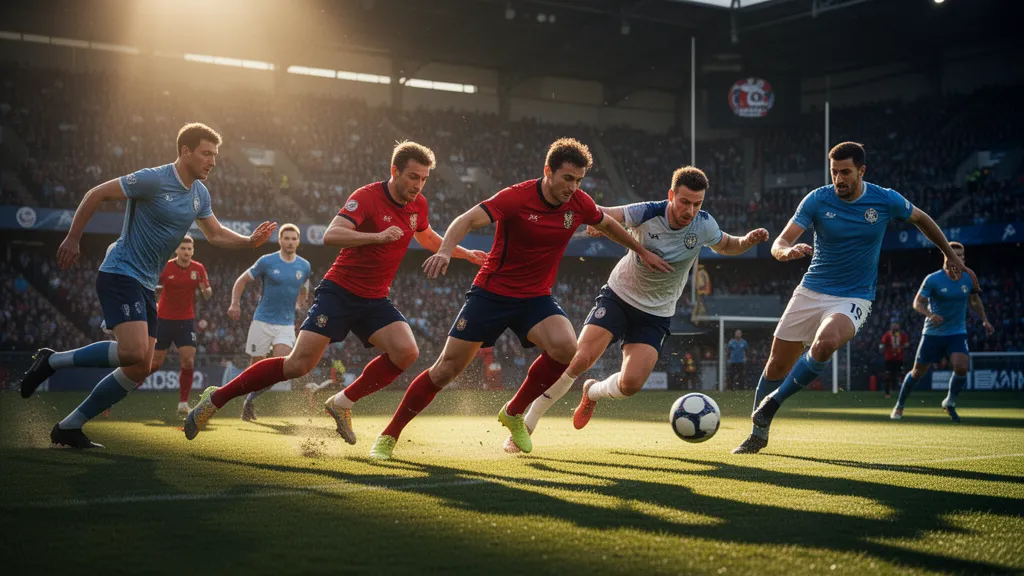 Athletes competing in dynamic outdoor sports action with natural lighting and intense energy captured mid-play